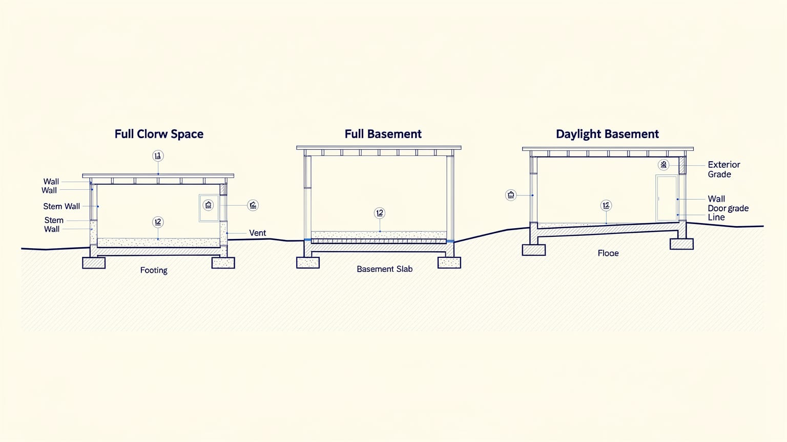 Diagram comparing a crawl space wall, a full basement wall and a daylight basement in section on sloping ground