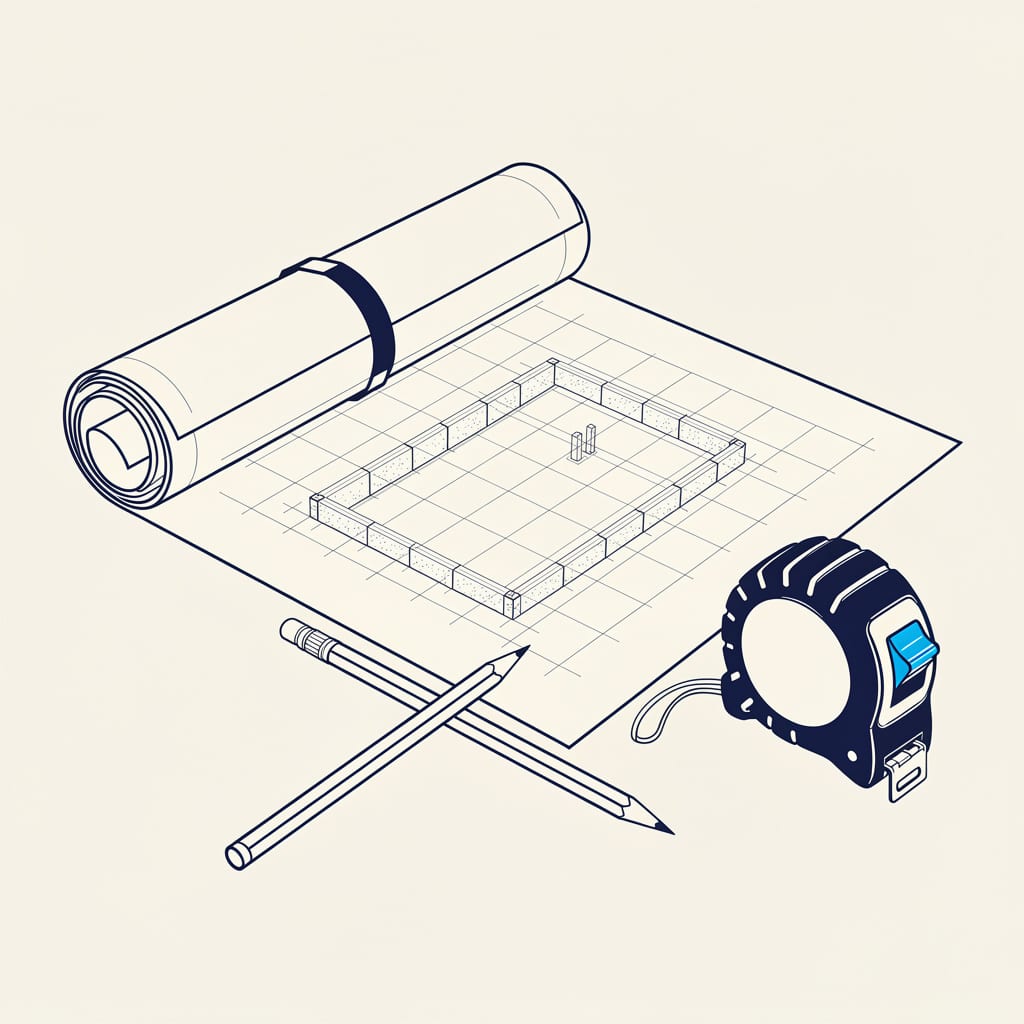 Line illustration of rolled building plans and a foundation drawing
