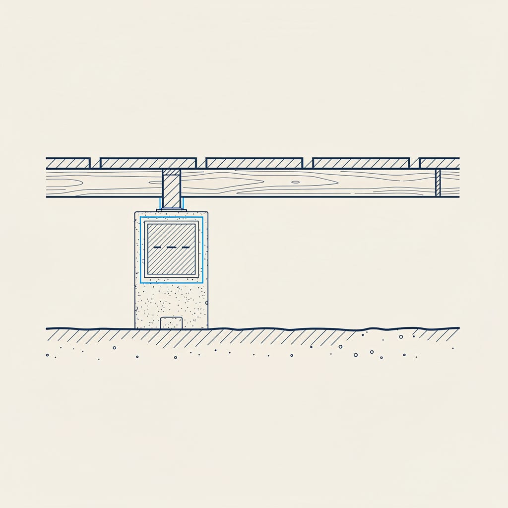 Line illustration of a short crawl space foundation wall supporting a floor platform