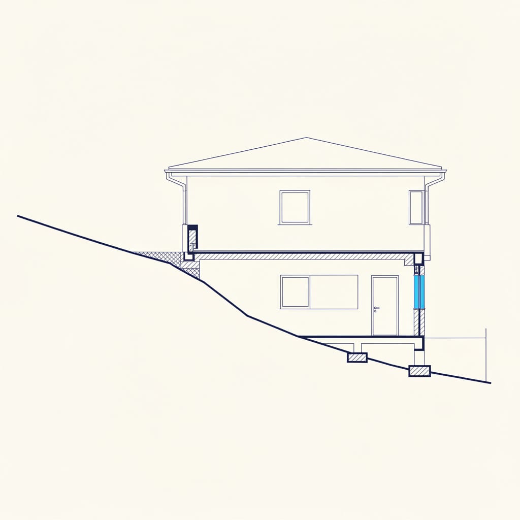 Line illustration of a daylight basement opening at grade on a sloping lot