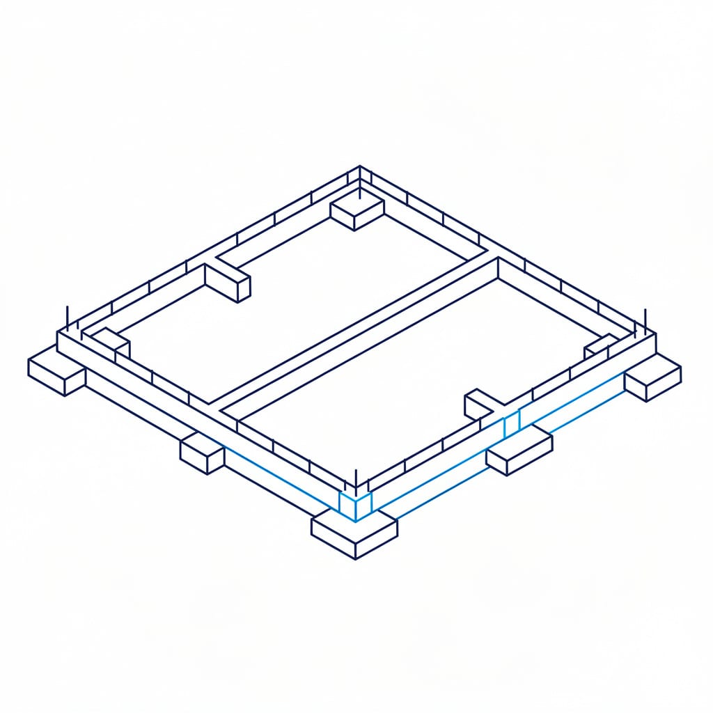 Line illustration of a poured residential concrete foundation footprint with footings