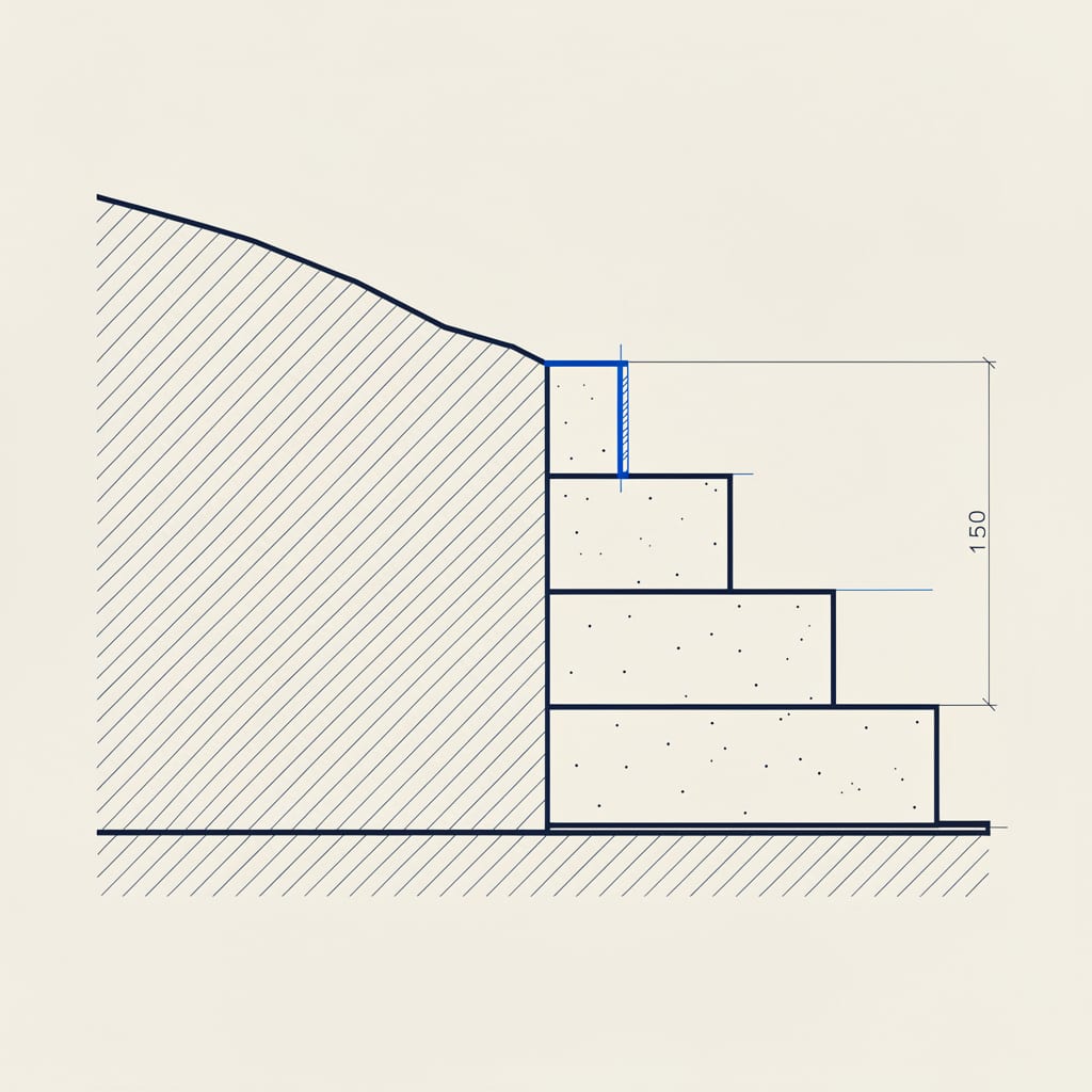 Line illustration of a concrete retaining wall holding back a sloped bank