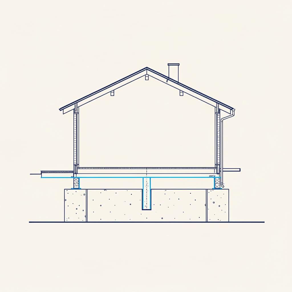 Line illustration of an existing house supported while a new foundation wall is placed beneath it